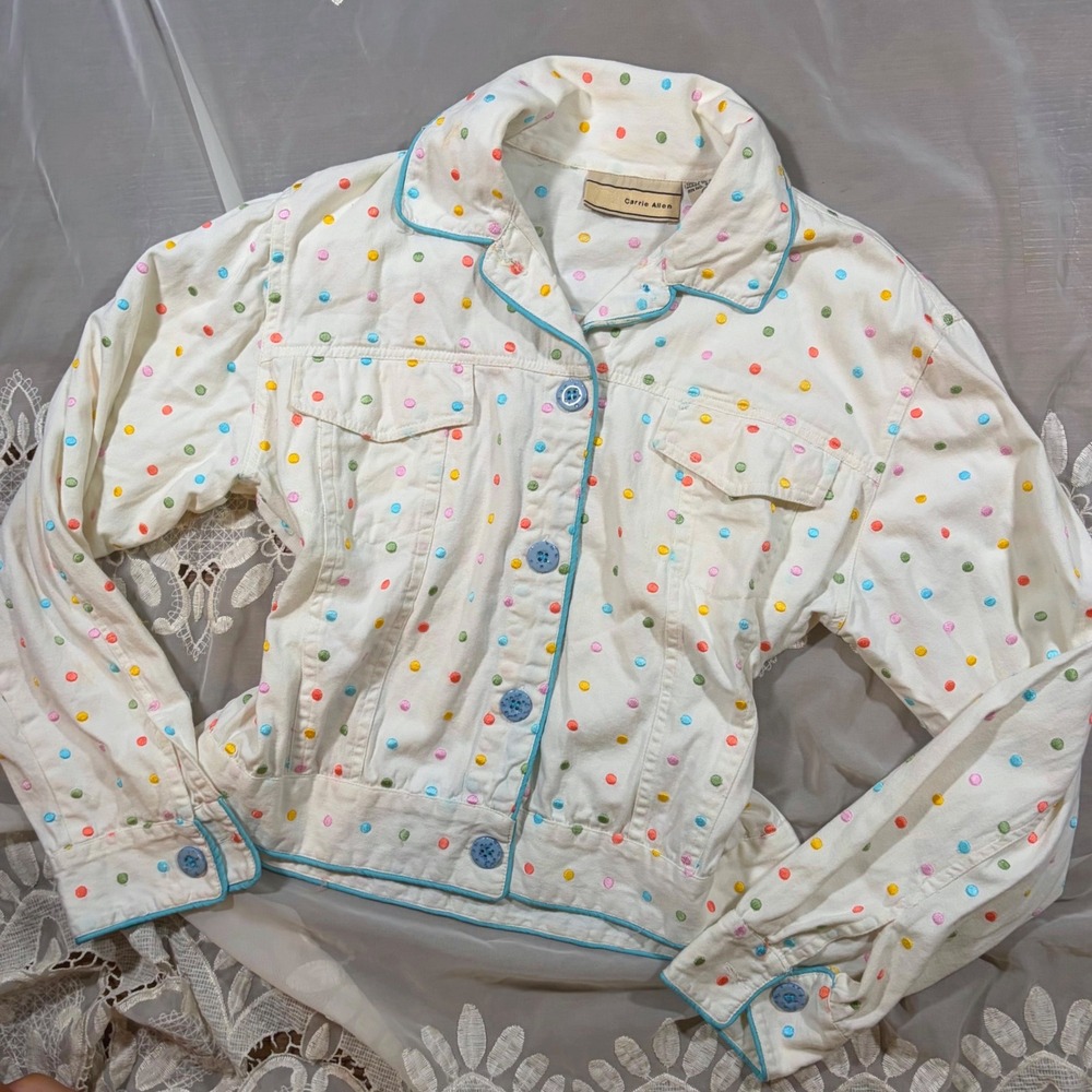 Insane Cute Y2K Vintage White Denim Polka Dot Embroidered Jacket Teal Trim Large